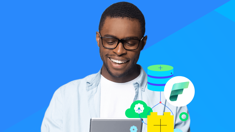 Picture of smiling person looking down at tablet